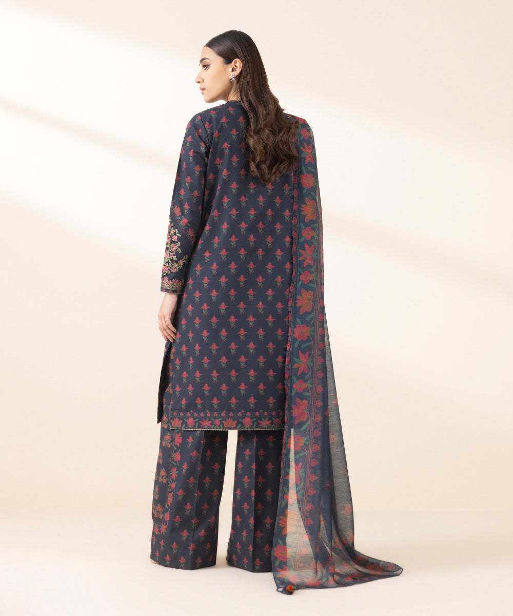 Unstitched Women's Embroidered Lawn Blue Three Piece Suit 