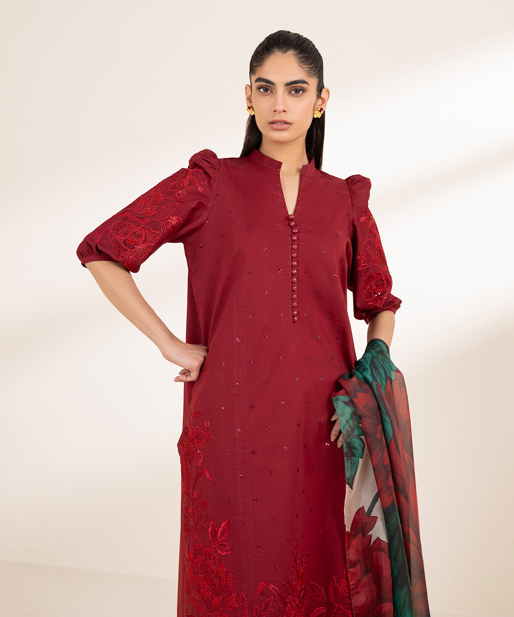 Unstitched Women's Embroidered Textured Lawn Red Three Piece Suit 