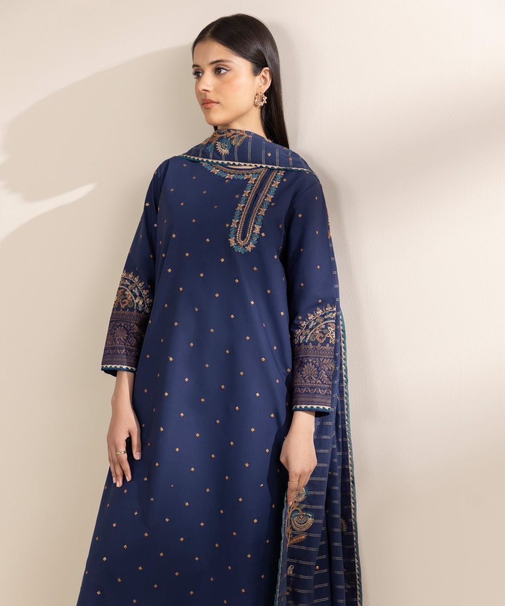 Unstitched Women's Embroidered Cotton Blue Three Piece Suit 