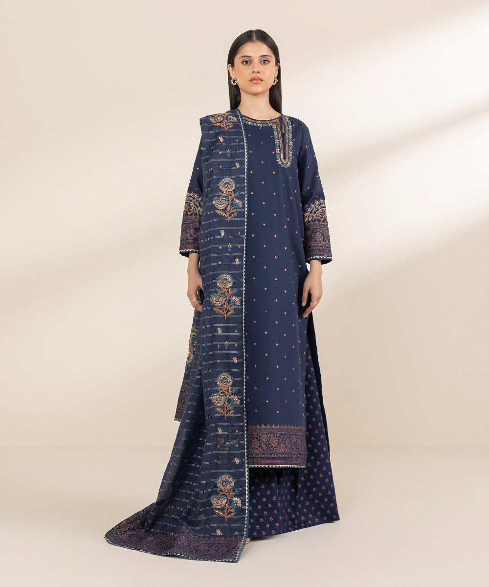 Unstitched Women's Embroidered Cotton Blue Three Piece Suit 