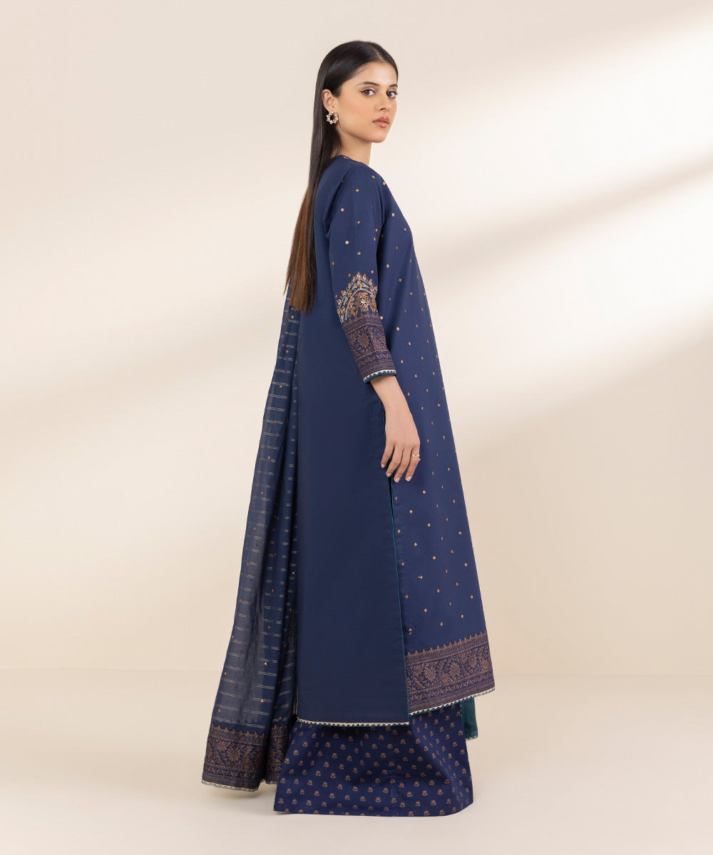 Unstitched Women's Embroidered Cotton Blue Three Piece Suit 