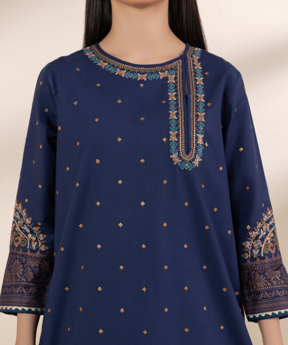 Unstitched Women's Embroidered Cotton Blue Three Piece Suit 