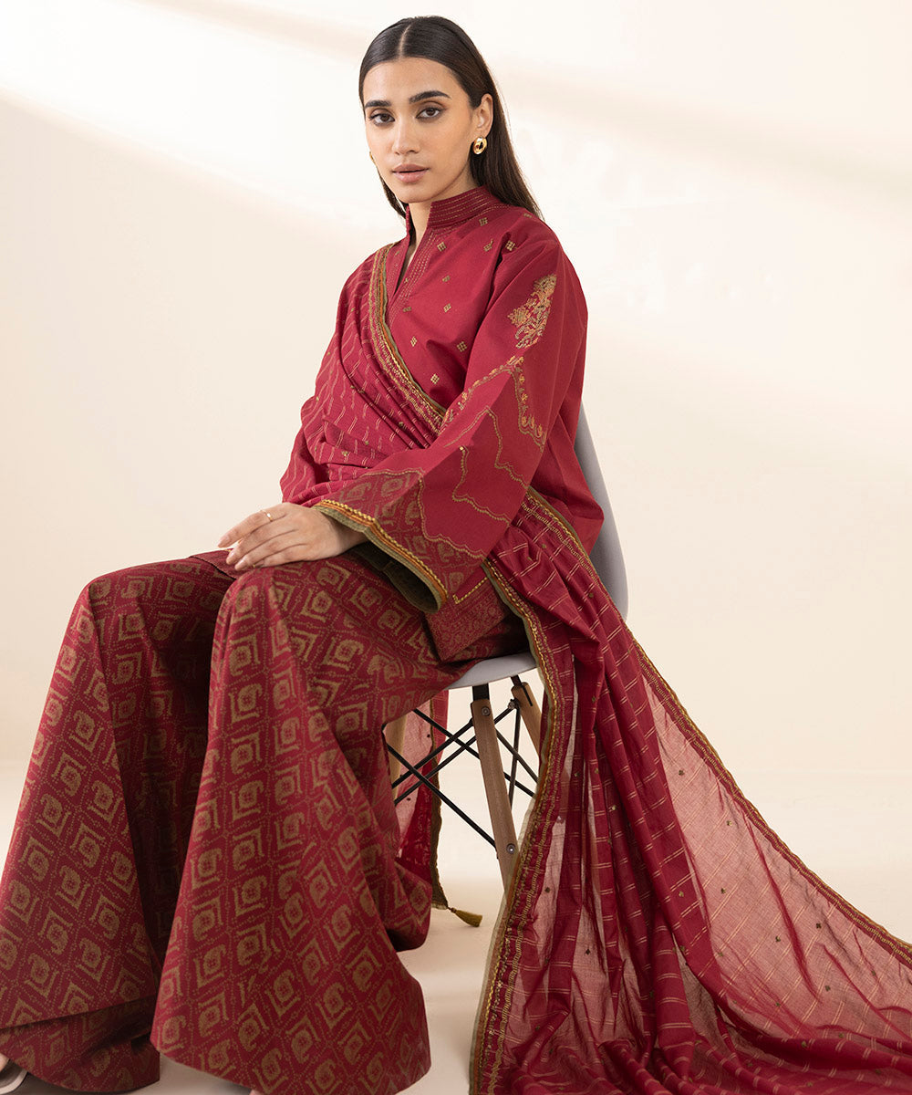 Unstitched Women's Embroidered Cotton Red Three Piece Suit 