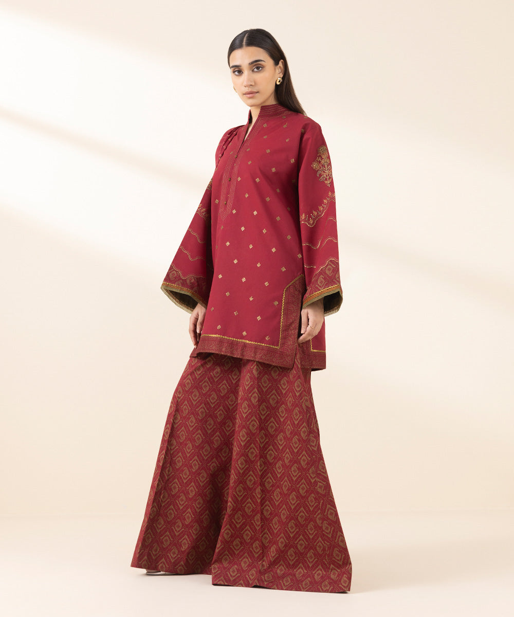 Unstitched Women's Embroidered Cotton Red Three Piece Suit 