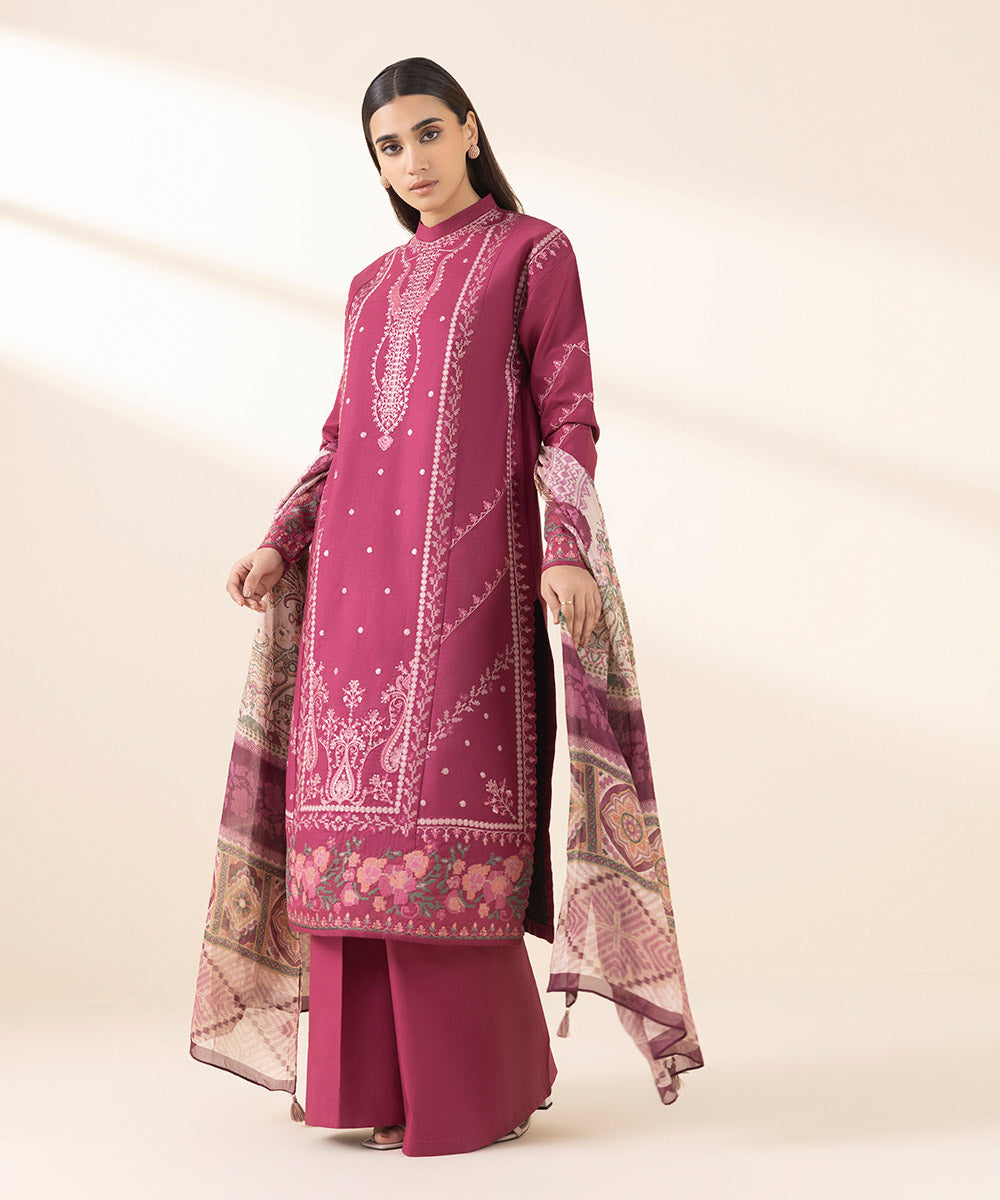 Unstitched Women's Embroidered Cotton Pink Three Piece Suit 