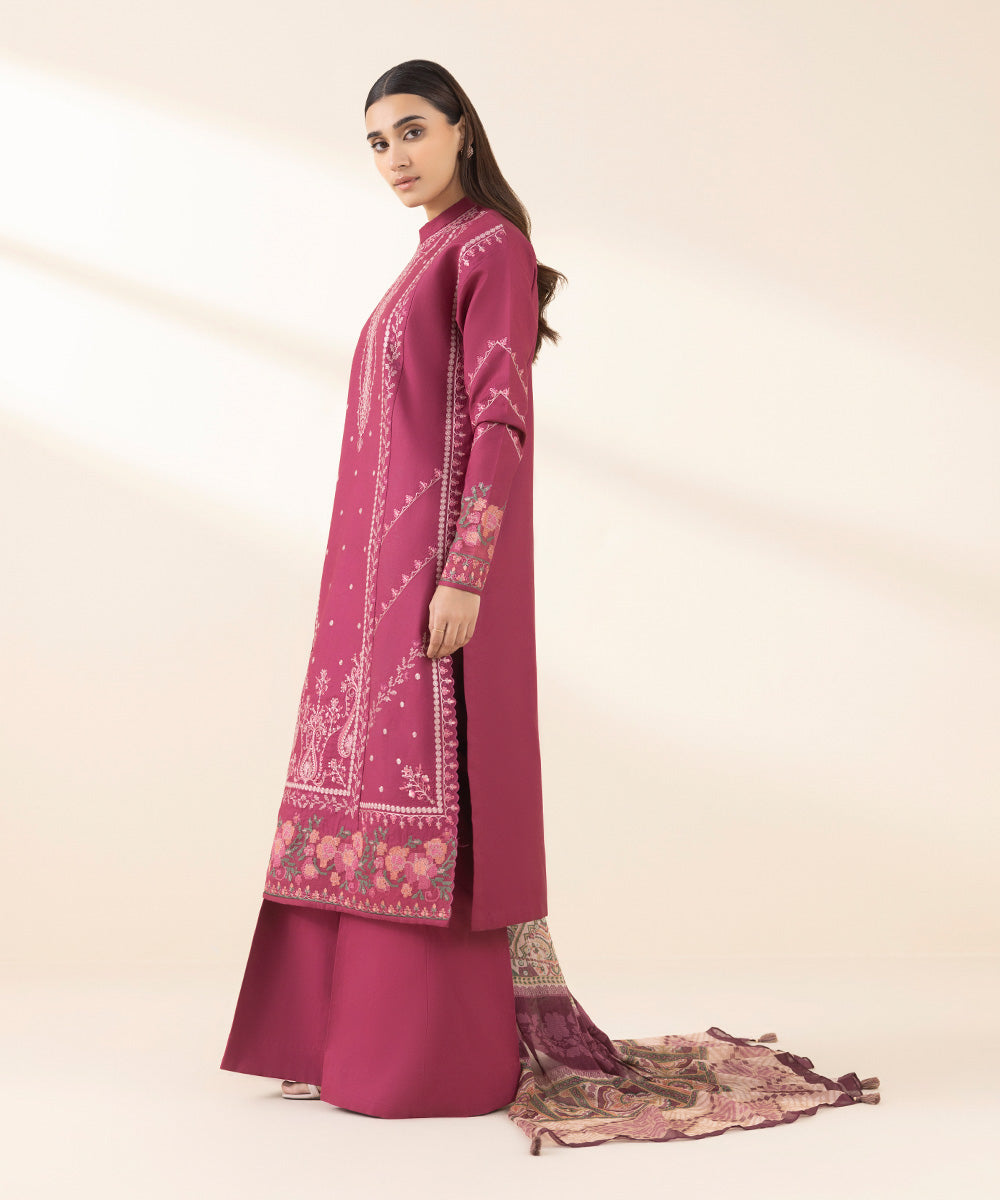 Unstitched Women's Embroidered Cotton Pink Three Piece Suit 