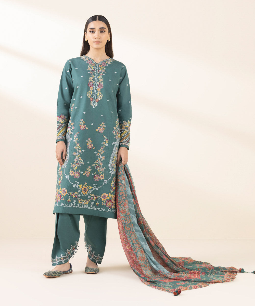 Unstitched Women's Embroidered Cotton Green Three Piece Suit 