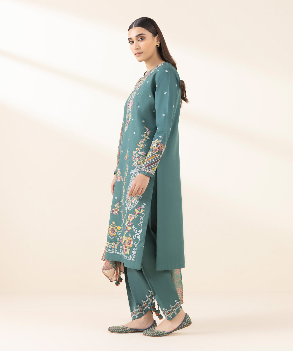 Unstitched Women's Embroidered Cotton Green Three Piece Suit 