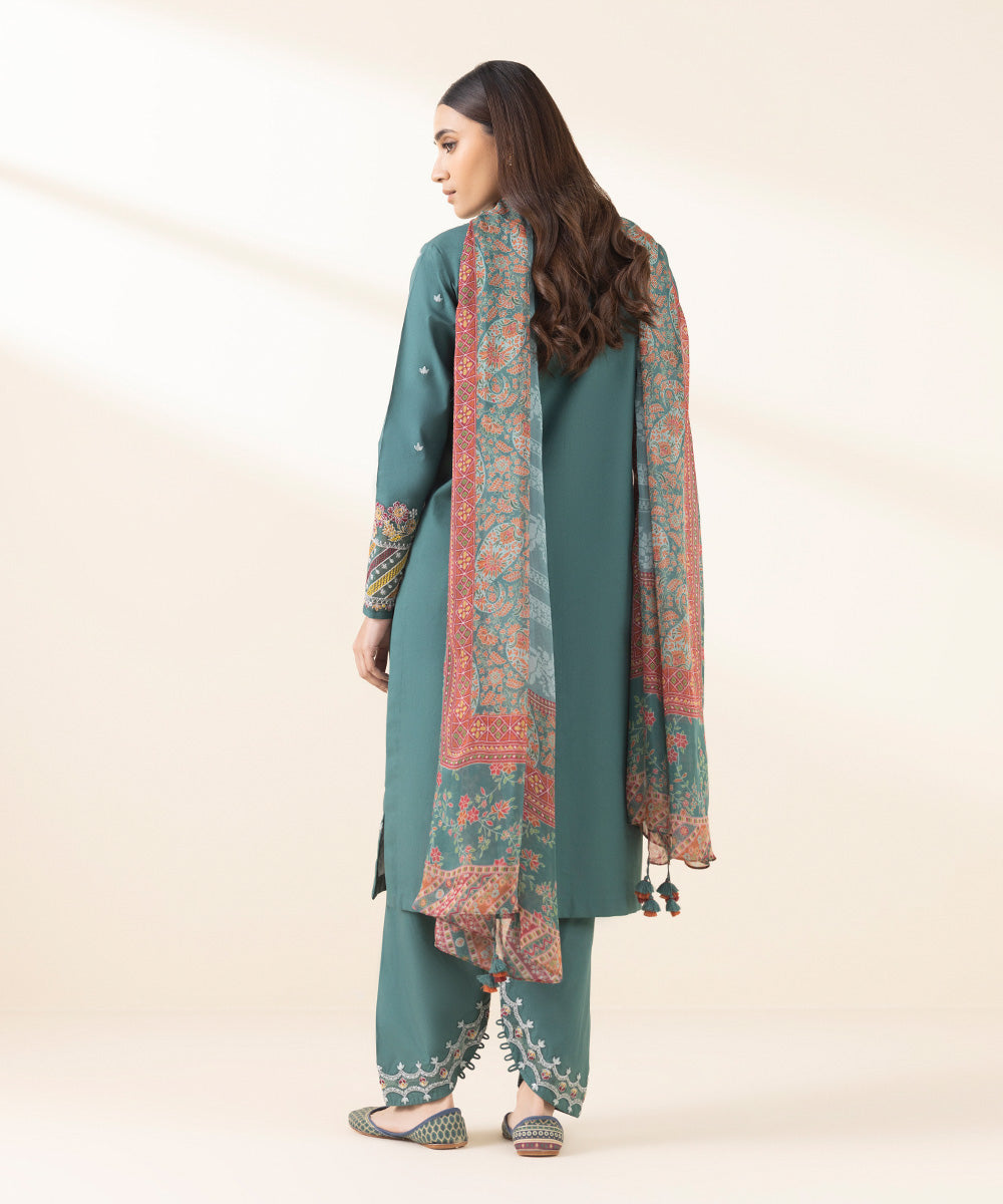 Unstitched Women's Embroidered Cotton Green Three Piece Suit 