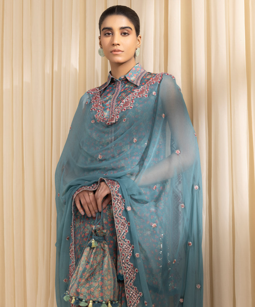 Unstitched Women's Embroidered Blended Grip Silk Grey Three Piece Suit 