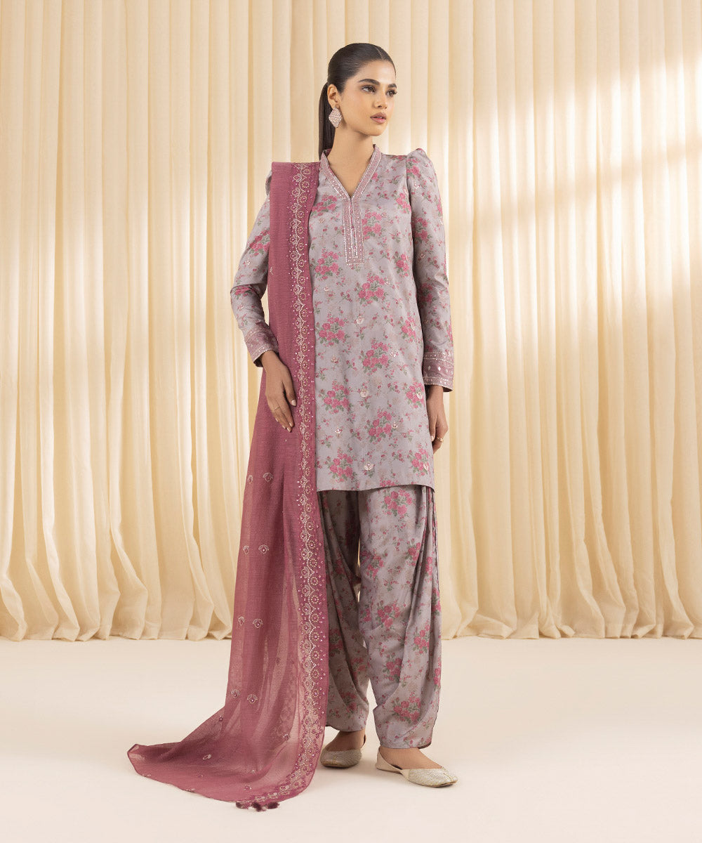 Unstitched Women's Embroidered Blended Grip Silk Grey Three Piece Suit 