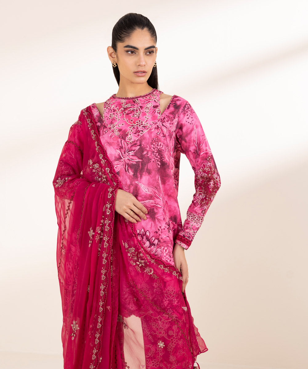 Unstitched Women's Embroidered Dobby Pink Three Piece Suit 