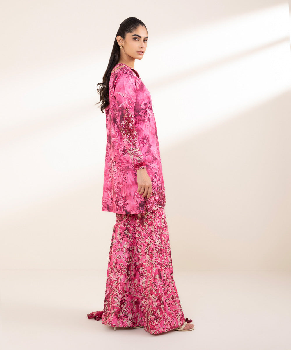 Unstitched Women's Embroidered Dobby Pink Three Piece Suit 