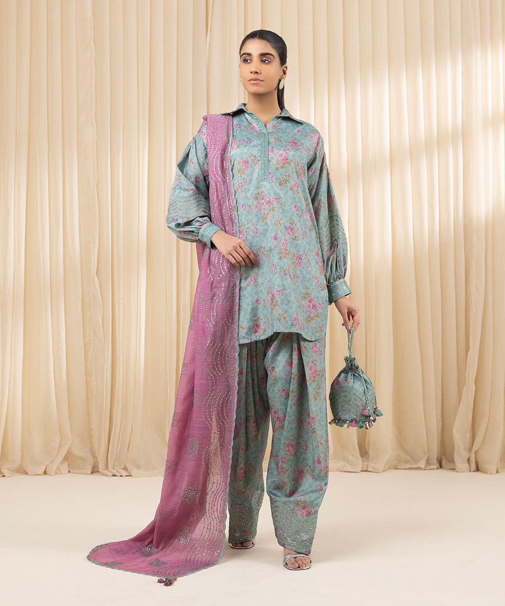 Unstitched Women's Embroidered Blended Grip Silk Blue Three Piece Suit 