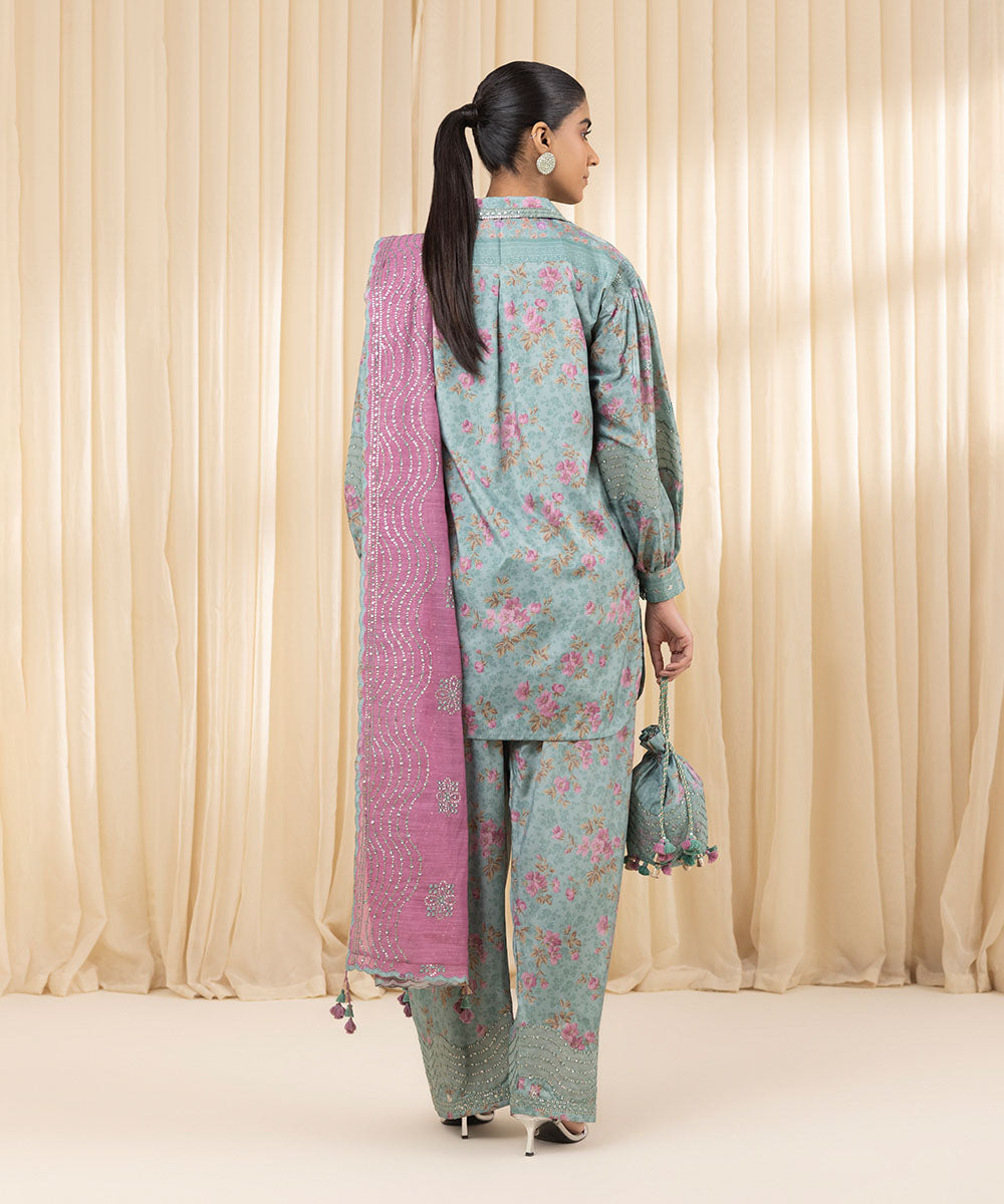 Unstitched Women's Embroidered Blended Grip Silk Blue Three Piece Suit 