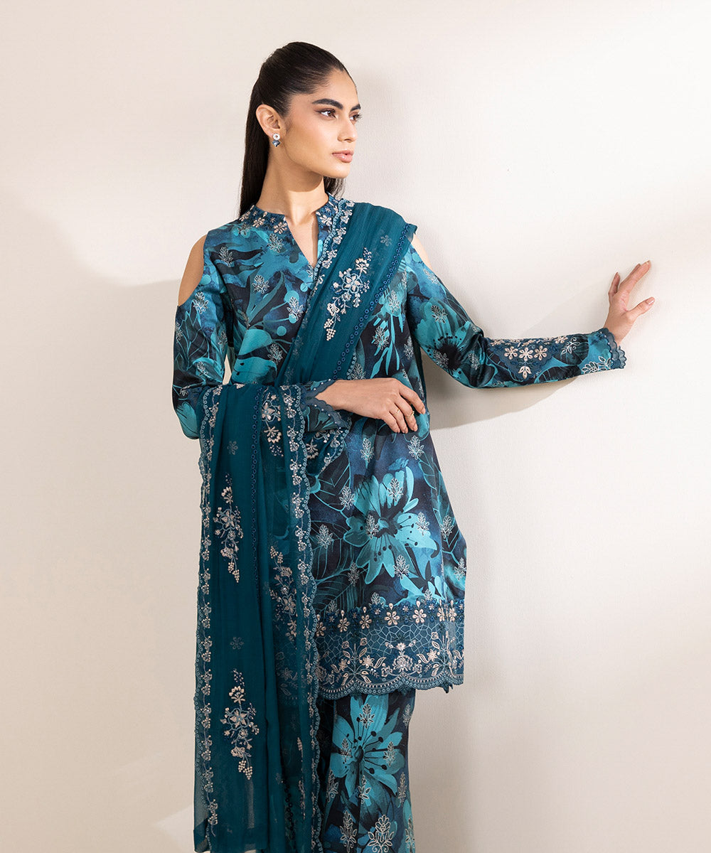 Unstitched Women's Embroidered Fine Cotton Satin Blue Three Piece Suit 