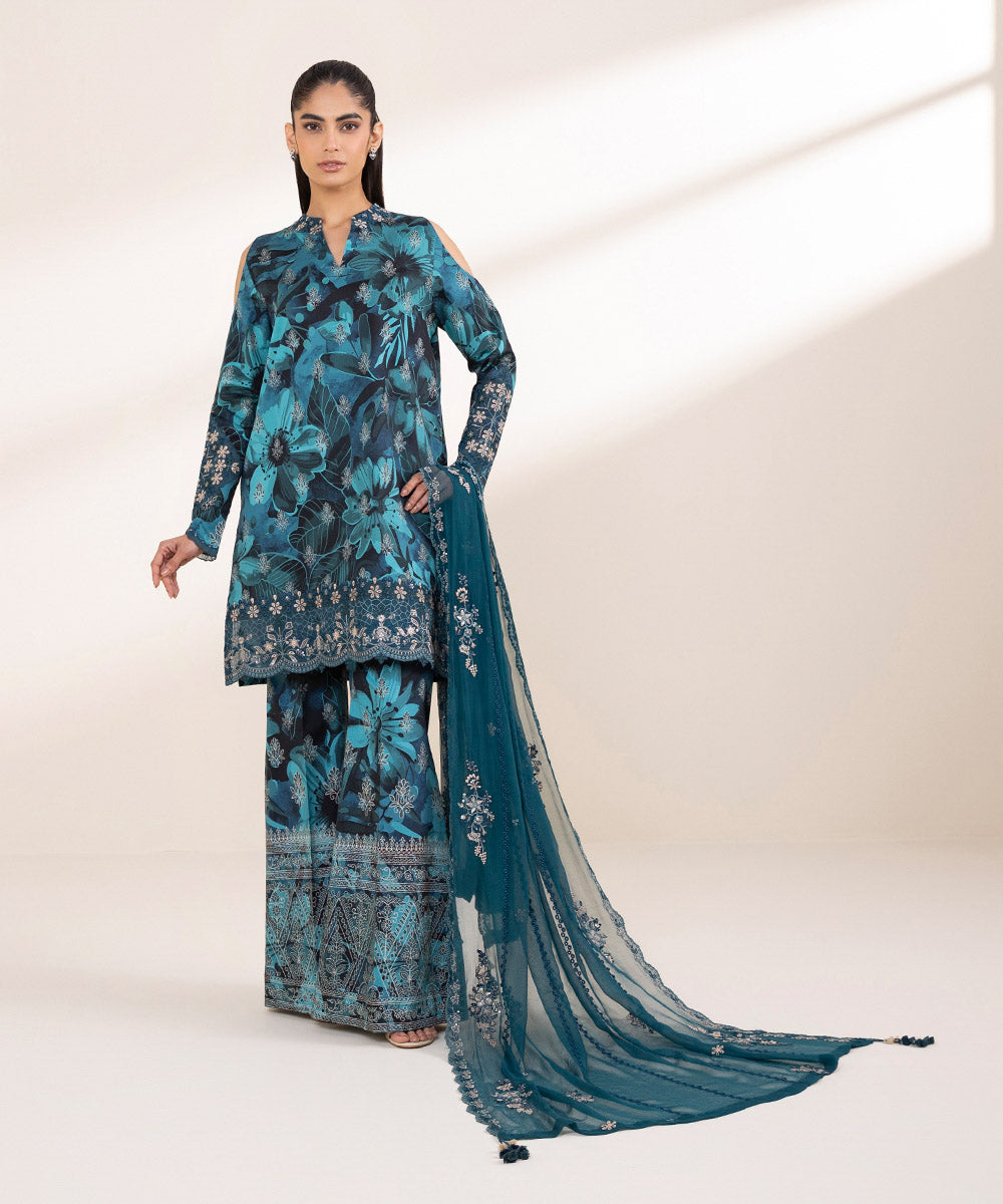 Unstitched Women's Embroidered Fine Cotton Satin Blue Three Piece Suit 