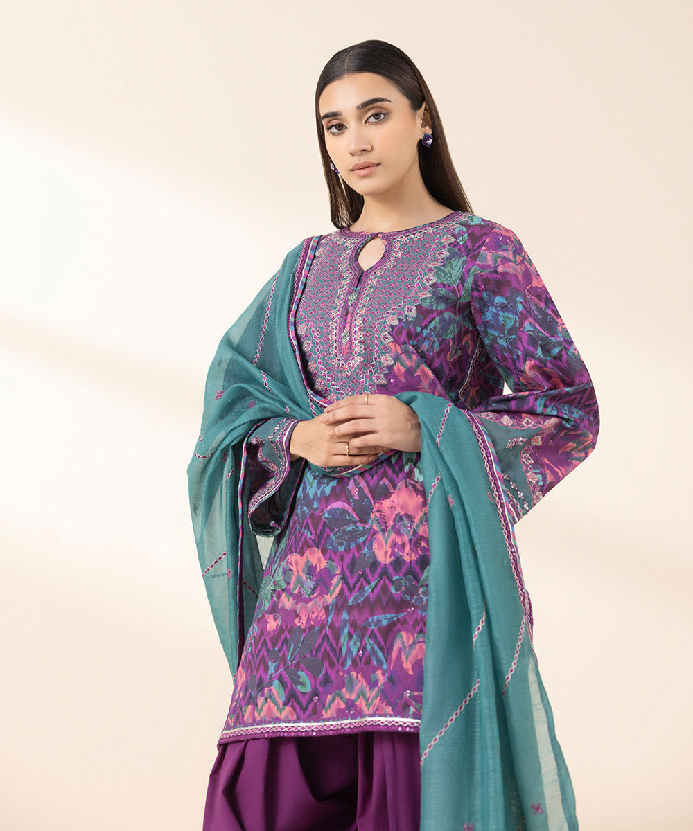 Unstitched Women's Embroidered Lawn Purple Three Piece Suit 