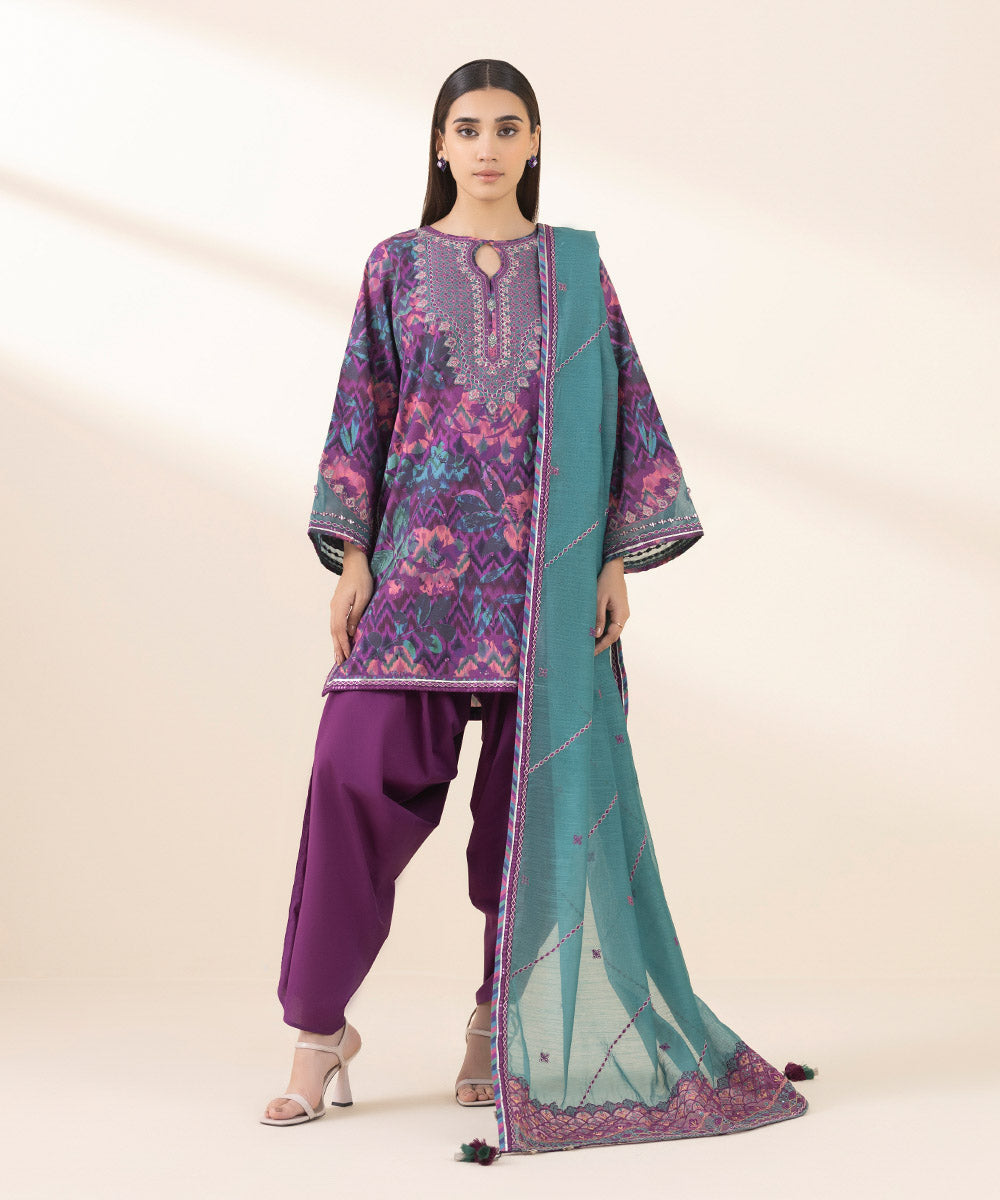 Unstitched Women's Embroidered Lawn Purple Three Piece Suit 