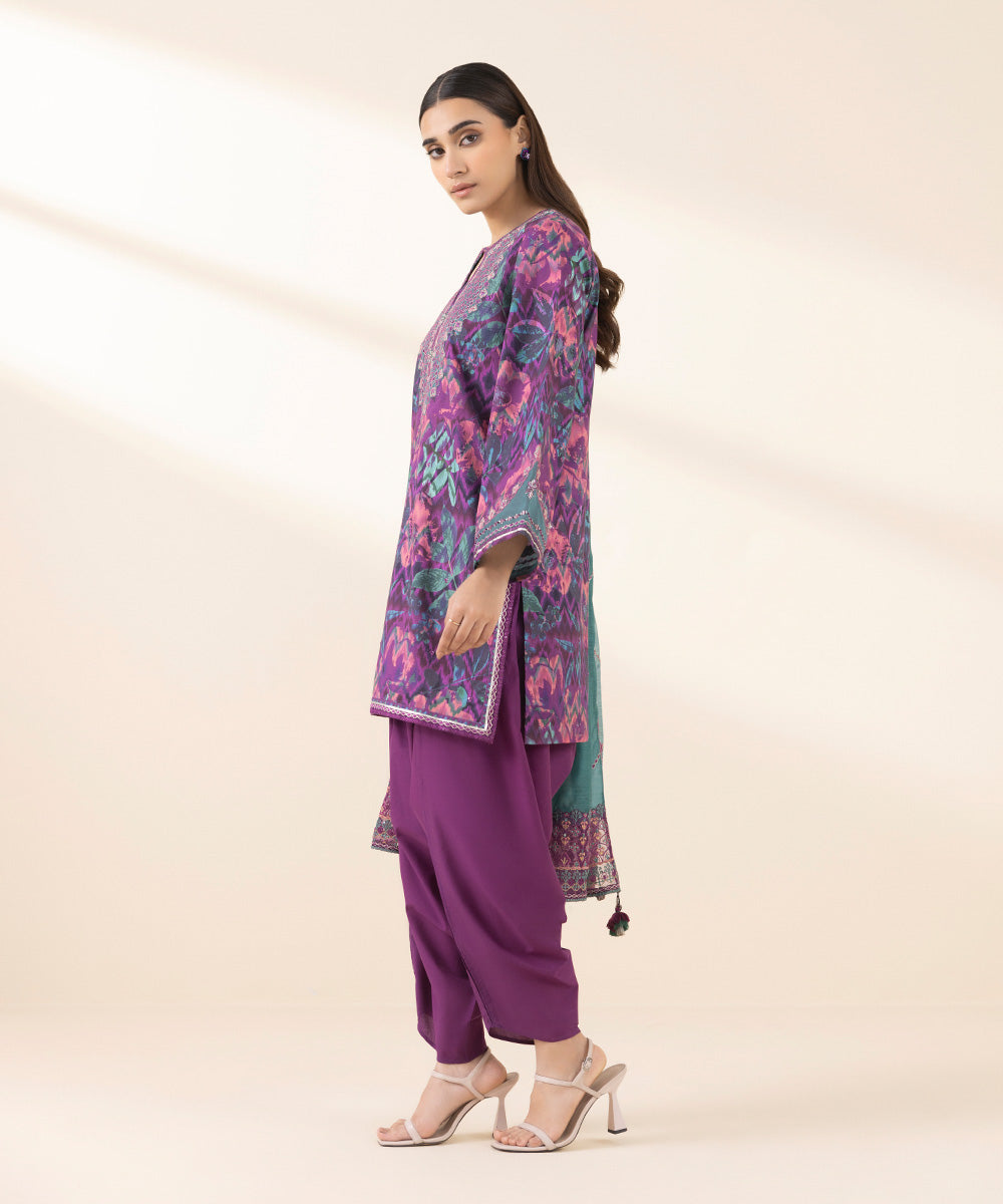 Unstitched Women's Embroidered Lawn Purple Three Piece Suit 