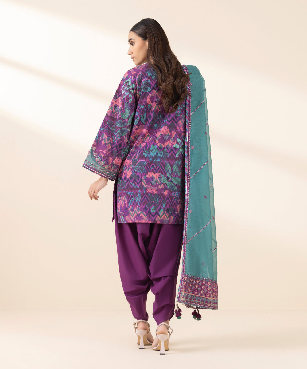 Unstitched Women's Embroidered Lawn Purple Three Piece Suit 