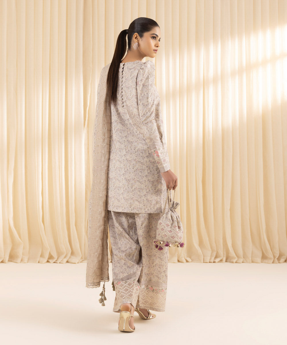 Unstitched Women's Embroidered Blended Grip Silk Beige Three Piece Suit 