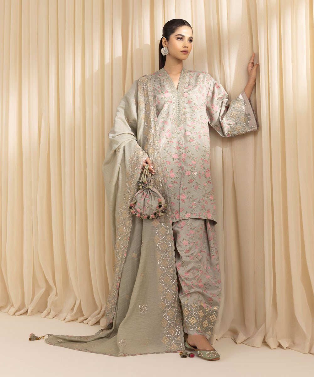 Unstitched Women's Embroidered Blended Grip Silk Beige Three Piece Suit 