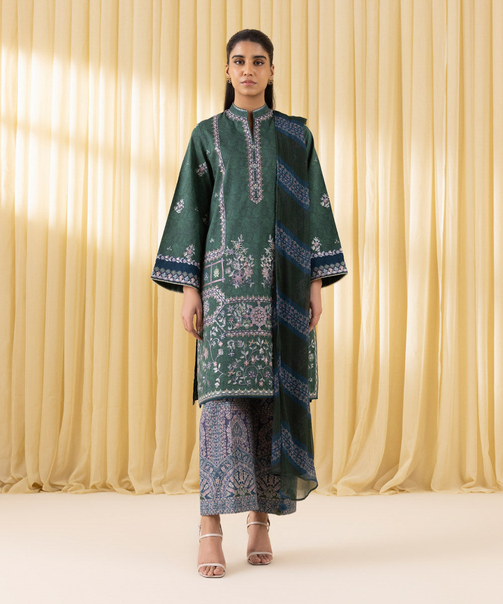 Unstitched Women's Green Lawn 3 Piece Suit