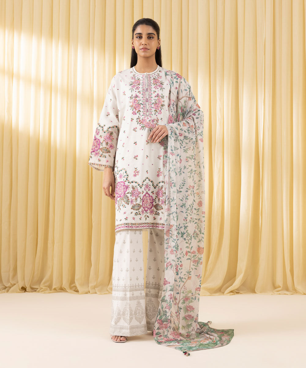 Unstitched Women's Off White Textured Lawn 3 Piece Suit