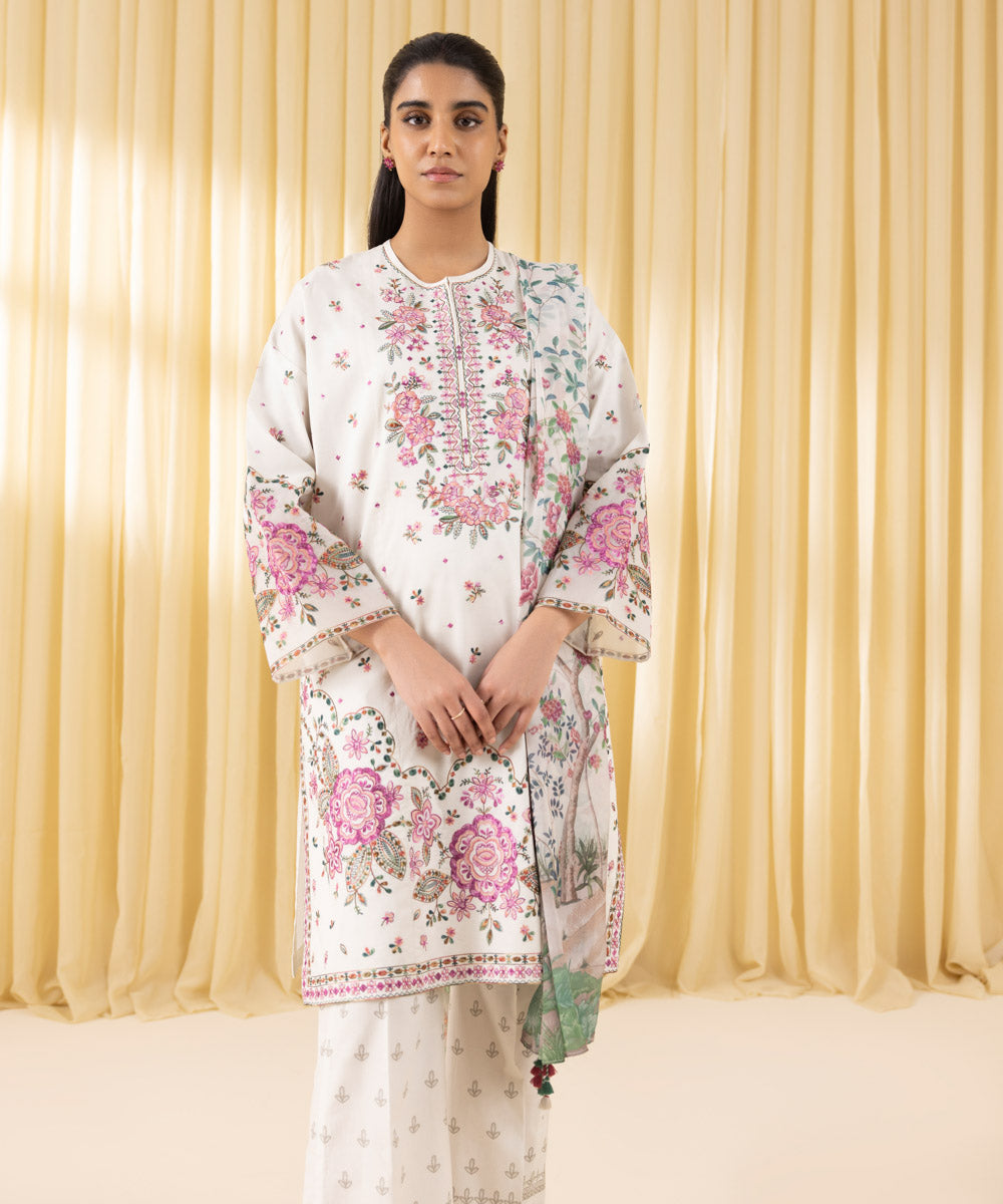 Unstitched Women's Off White Textured Lawn 3 Piece Suit