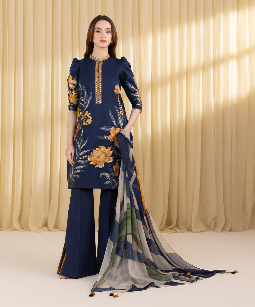 Unstitched Women's Blue Textured Lawn 3 Piece Suit