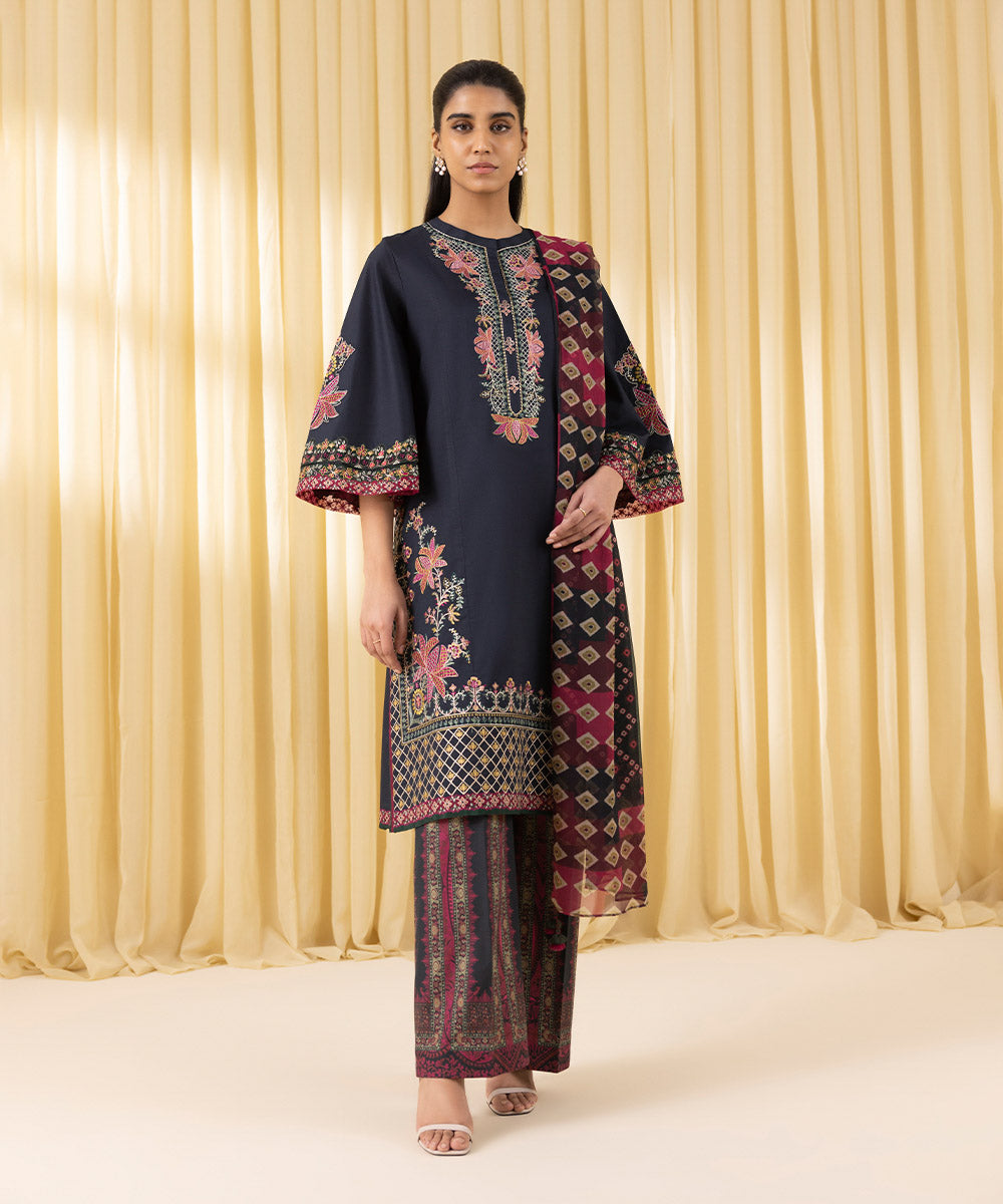 Unstitched Women's Black Textured Lawn 3 Piece Suit