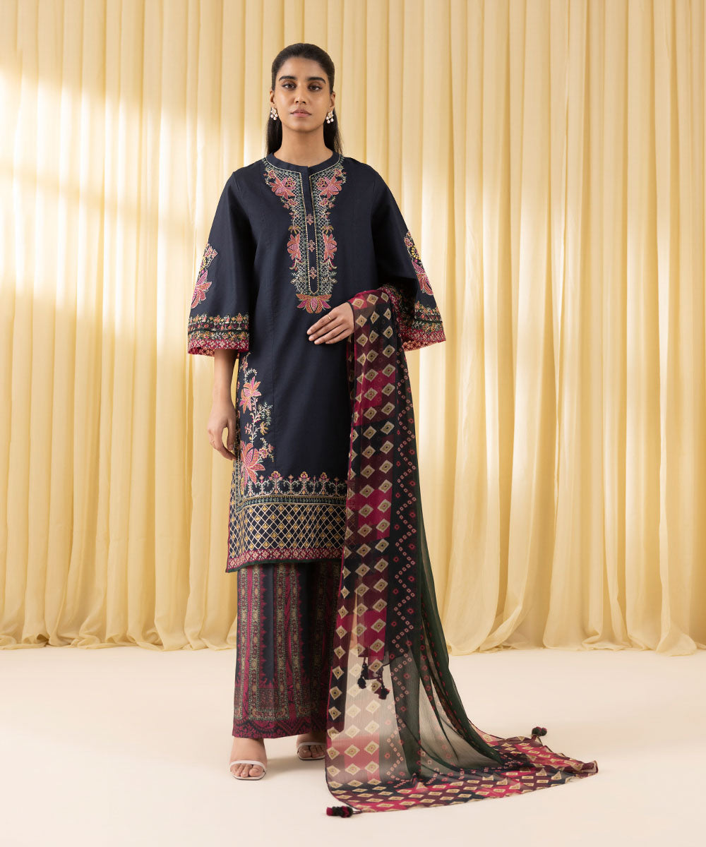 Unstitched Women's Black Textured Lawn 3 Piece Suit