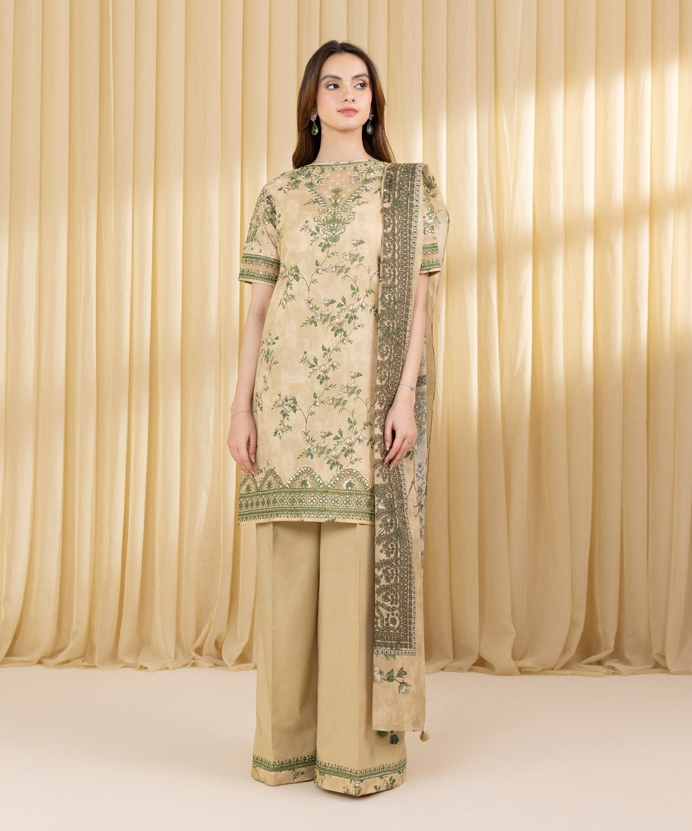 Unstitched Women's Beige Lawn 3 Piece Suit