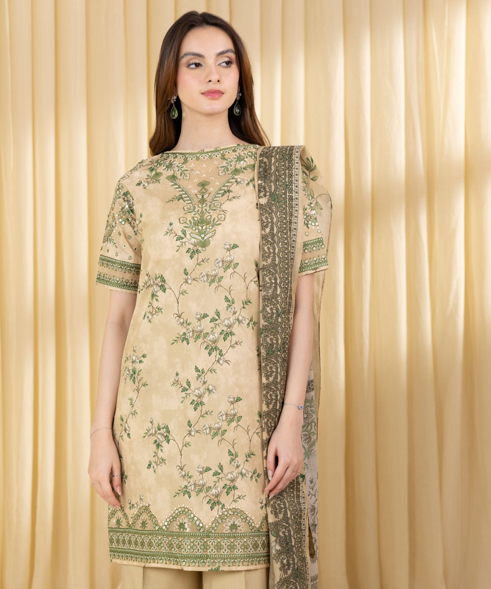 Unstitched Women's Beige Lawn 3 Piece Suit