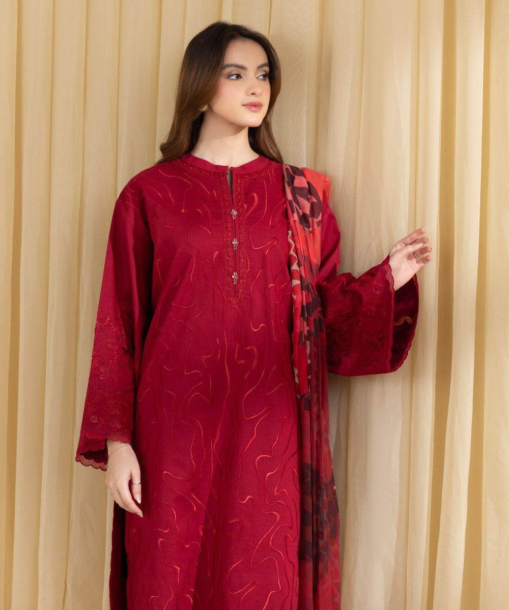 Unstitched Women's Red Textured Lawn 3 Piece Suit