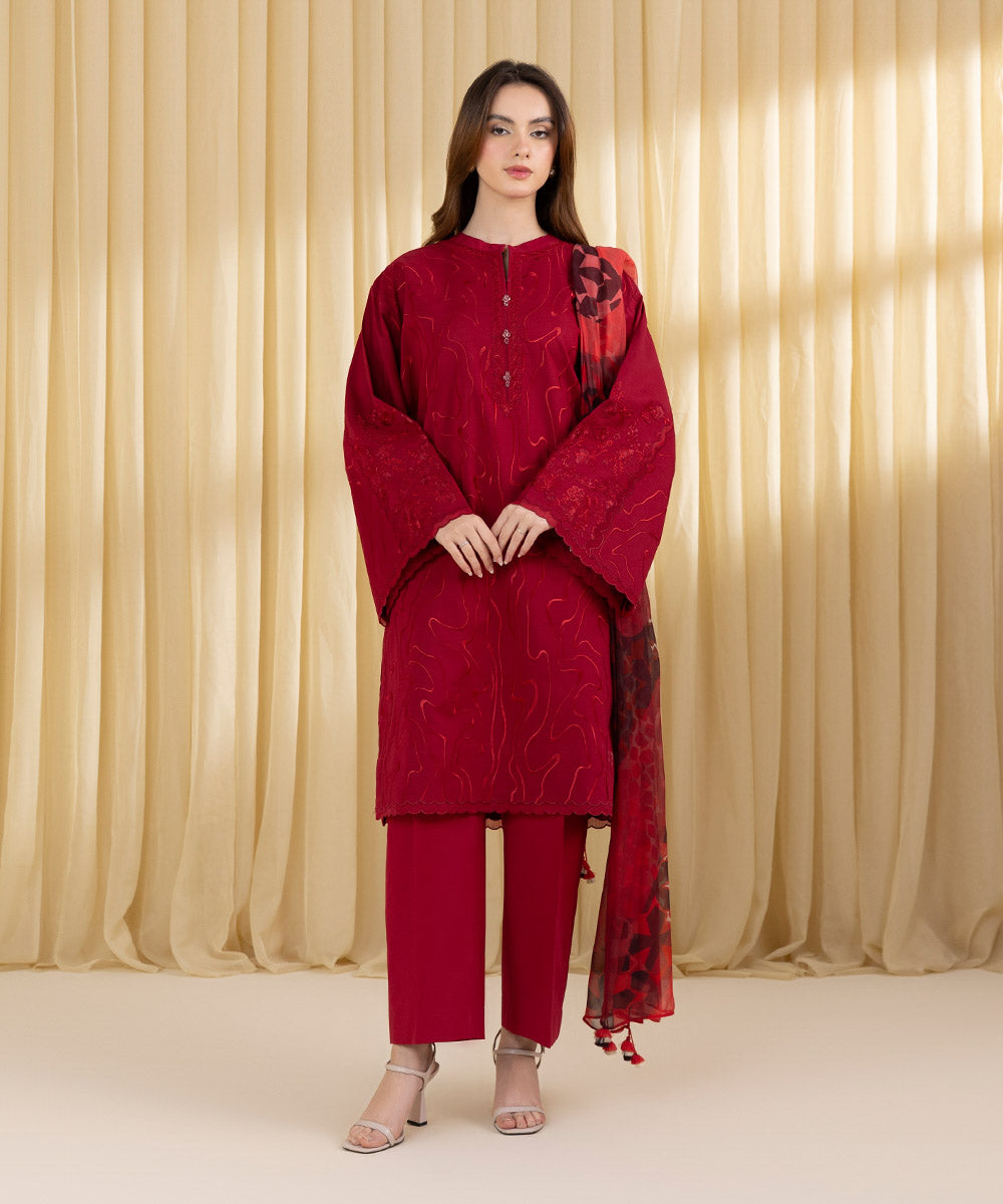 Unstitched Women's Red Textured Lawn 3 Piece Suit