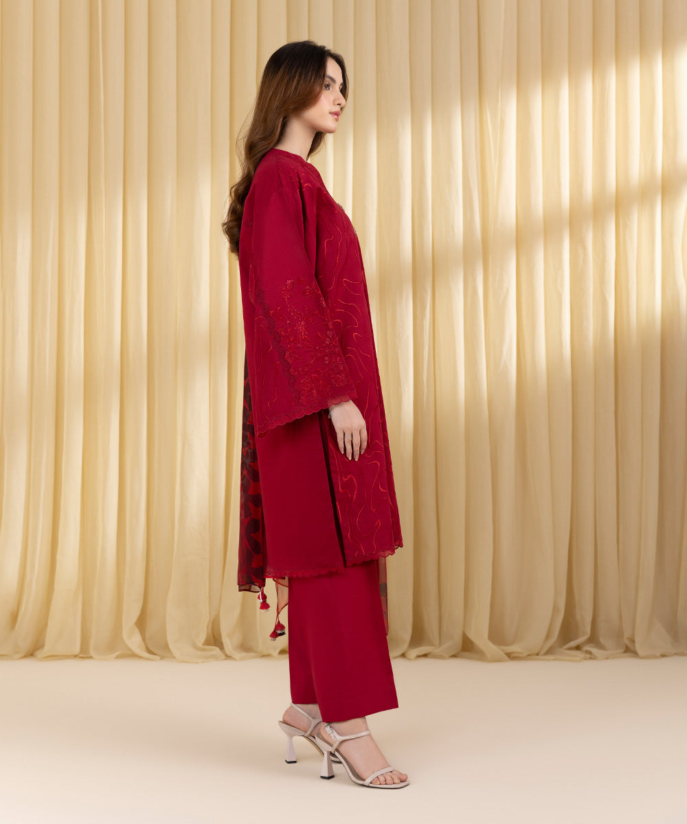 Unstitched Women's Red Textured Lawn 3 Piece Suit