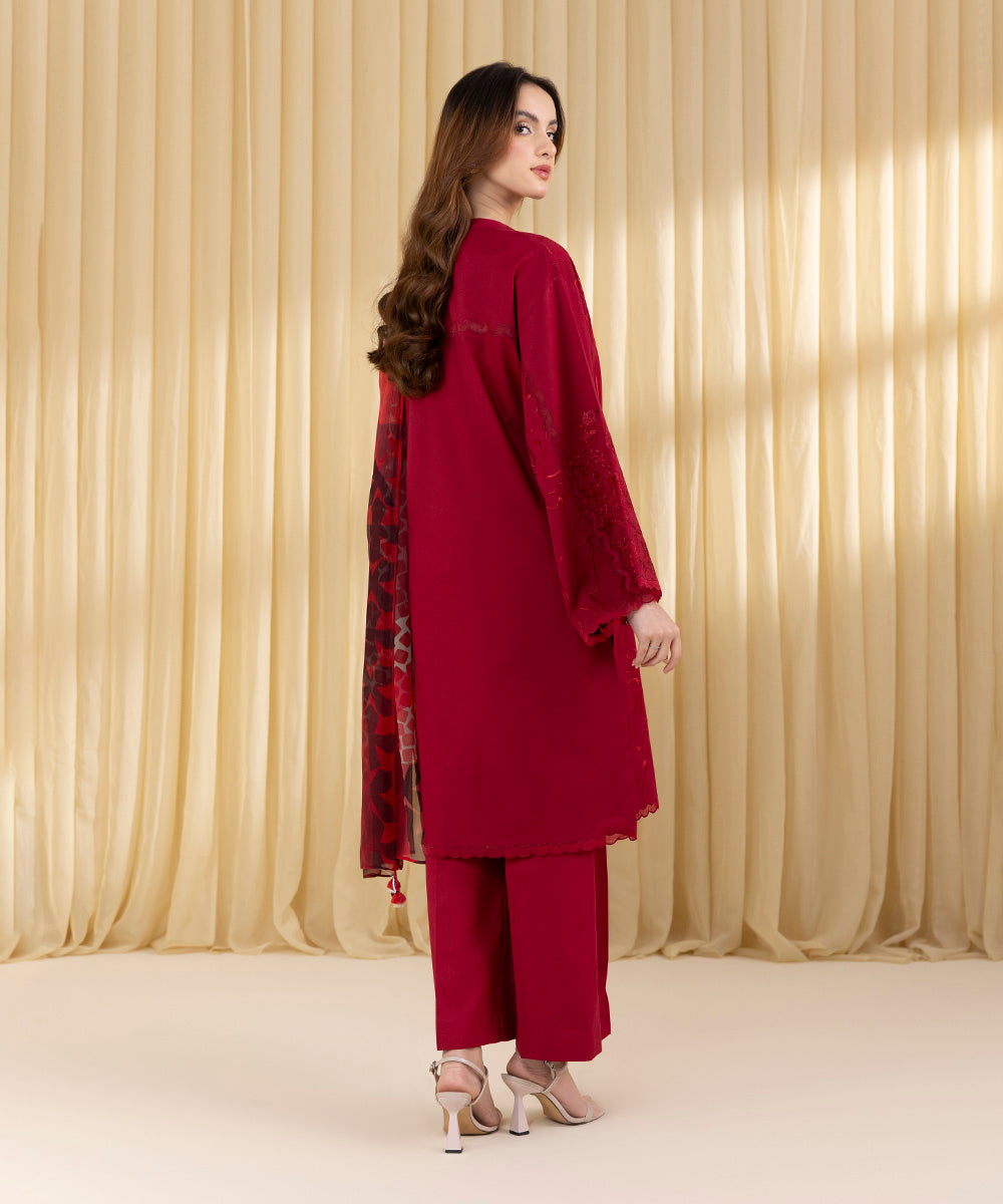 Unstitched Women's Red Textured Lawn 3 Piece Suit