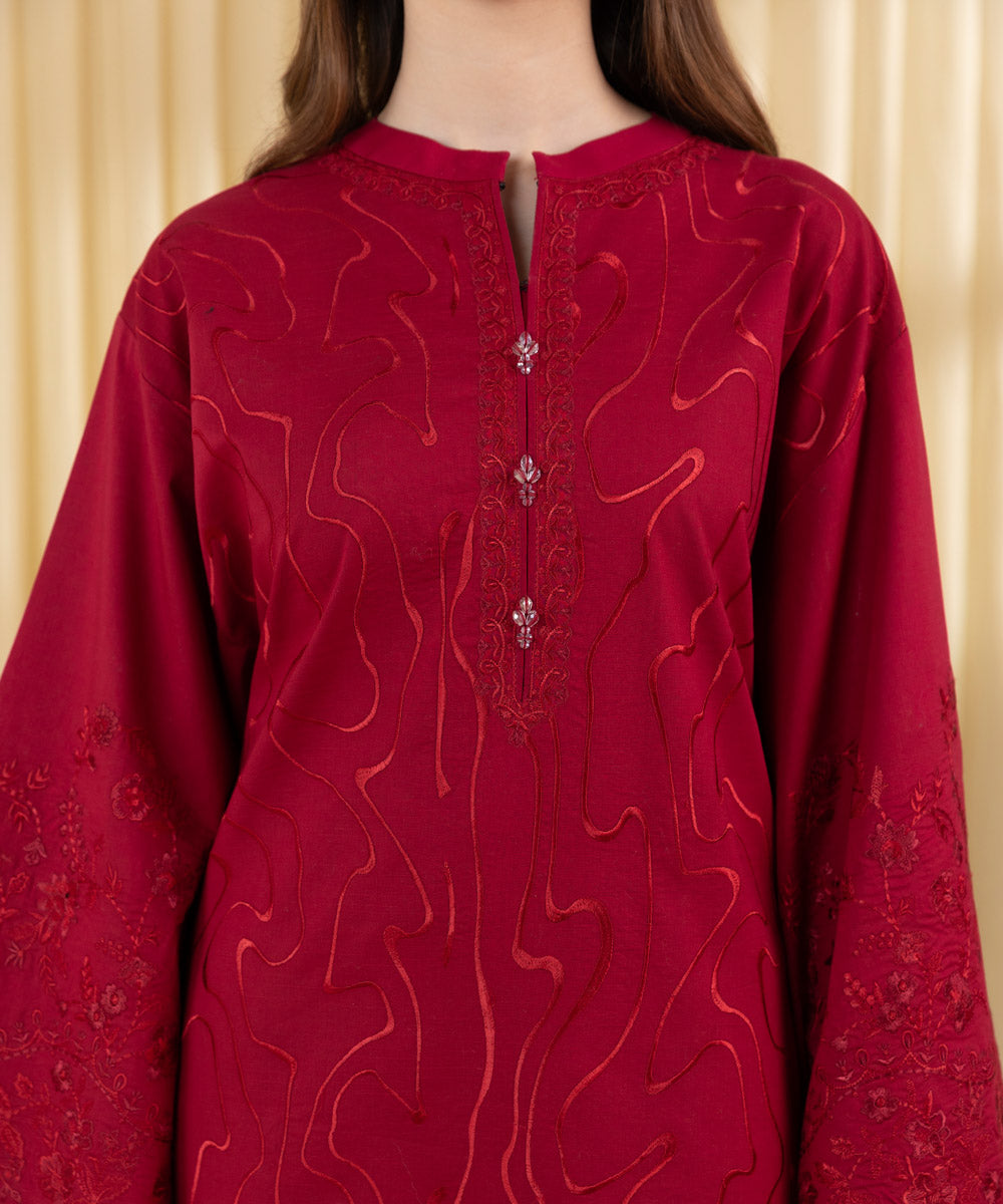 Unstitched Women's Red Textured Lawn 3 Piece Suit