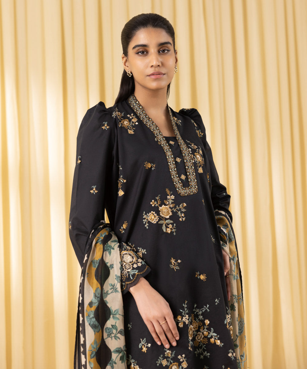 Unstitched Women's Black Textured Lawn 3 Piece Suit