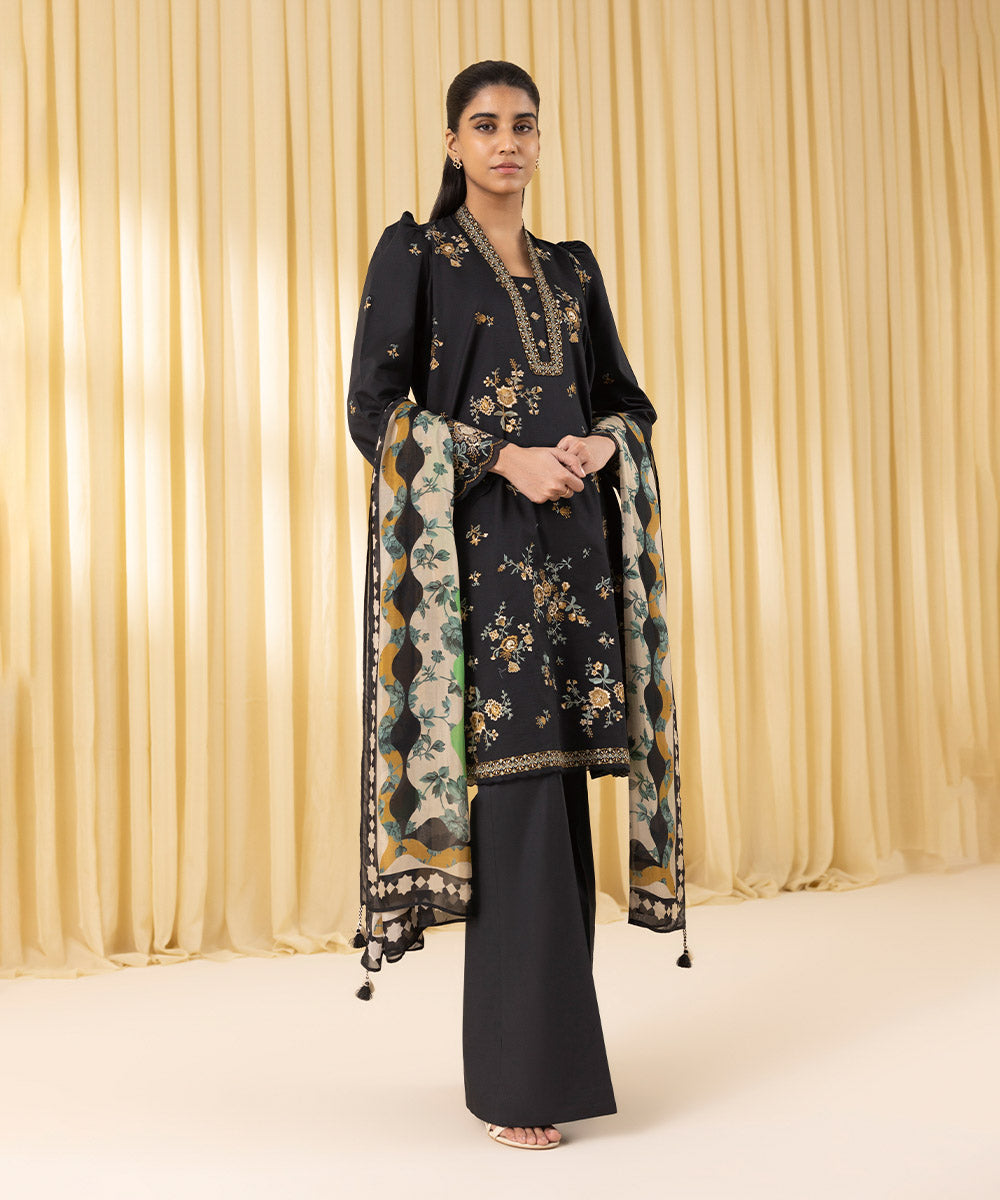 Unstitched Women's Black Textured Lawn 3 Piece Suit