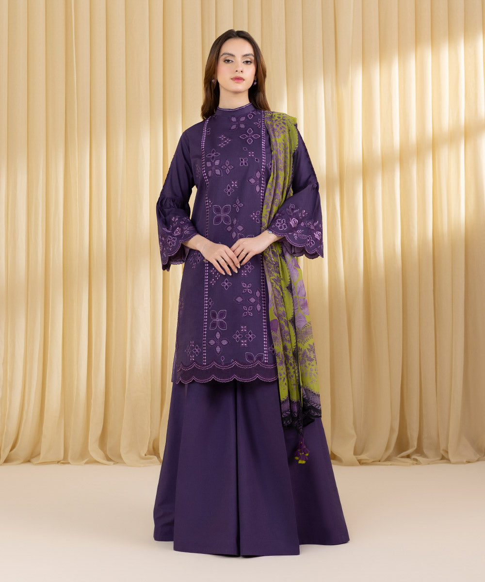 Unstitched Women's Purple Textured Lawn 3 Piece Suit