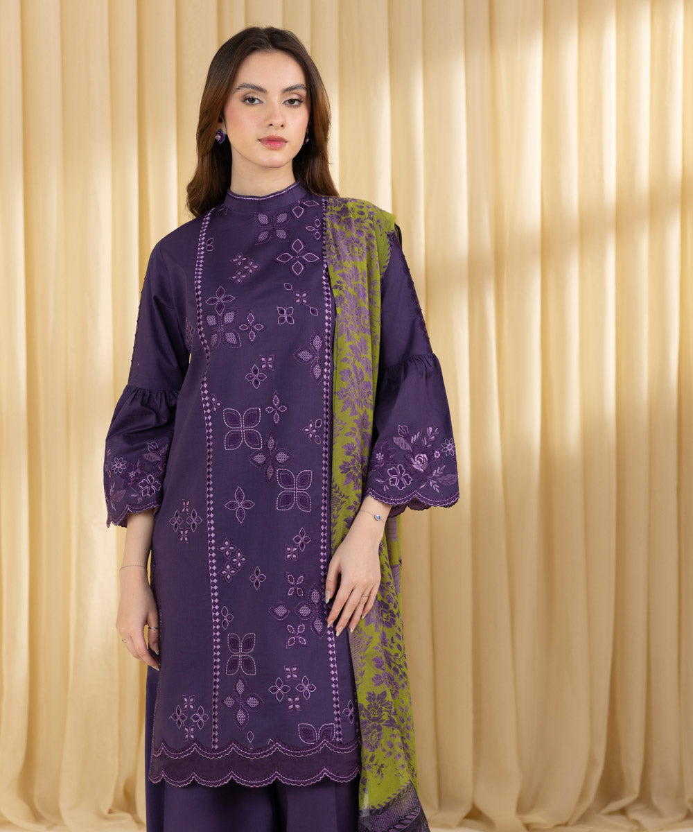 Unstitched Women's Purple Textured Lawn 3 Piece Suit