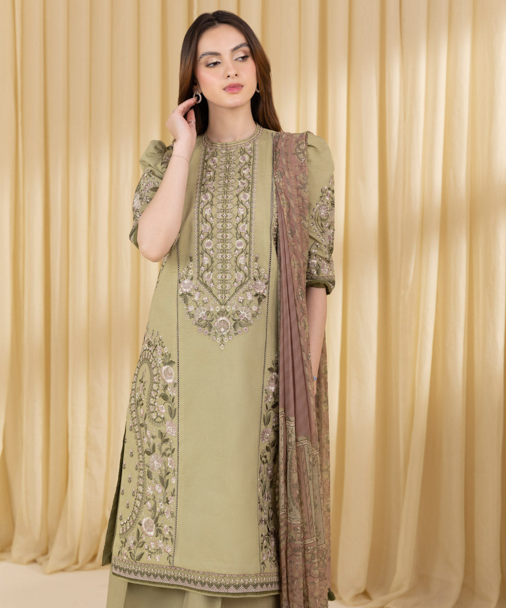 Unstitched Women's Green Textured Lawn 3 Piece Suit