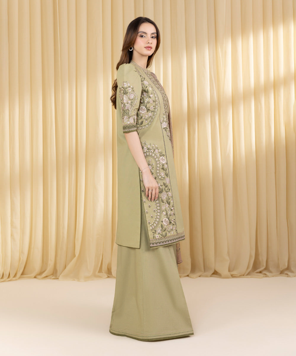 Unstitched Women's Green Textured Lawn 3 Piece Suit