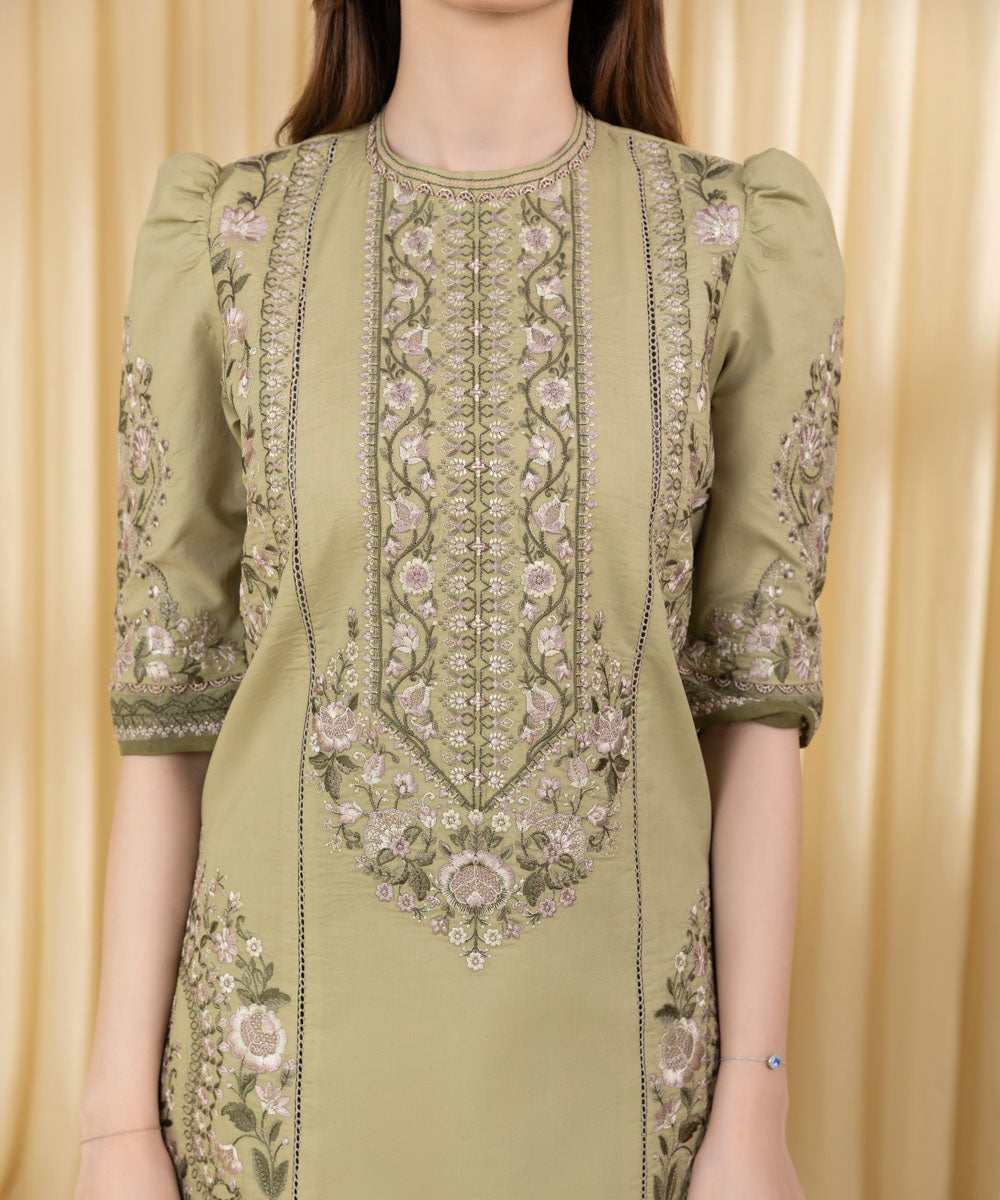 Unstitched Women's Green Textured Lawn 3 Piece Suit