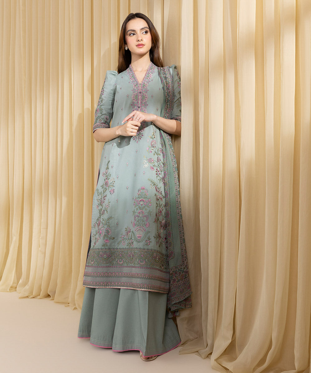 Women's Unstitched Textured Lawn Embroidered Grey 3 Piece Suit
