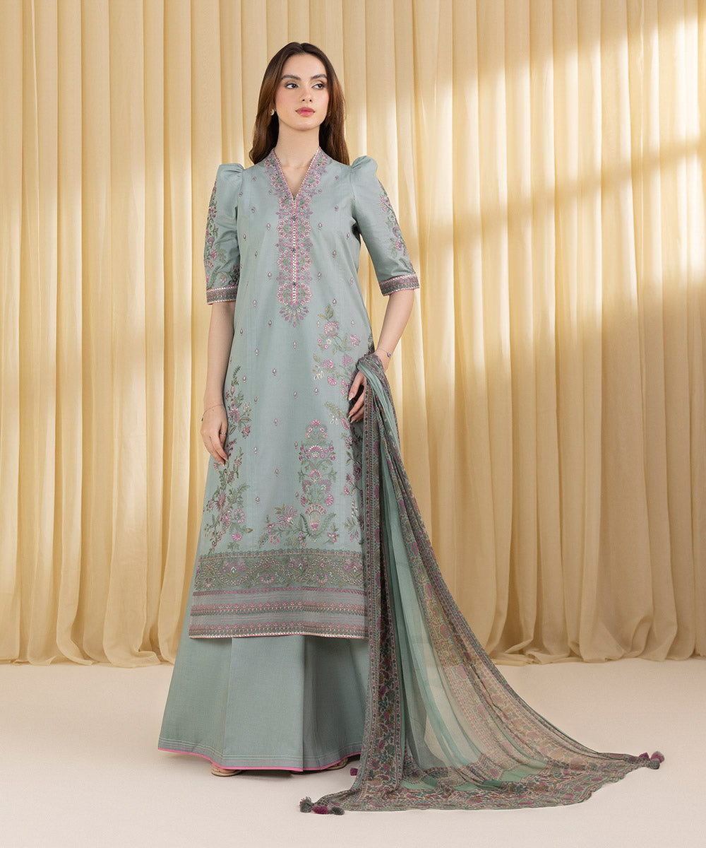 Women's Unstitched Textured Lawn Embroidered Grey 3 Piece Suit
