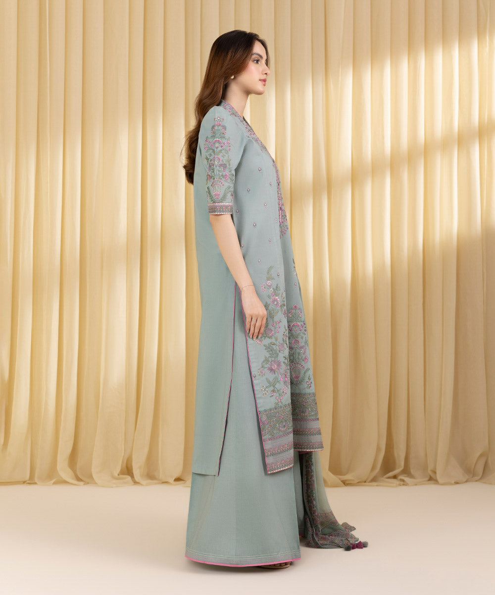 Women's Unstitched Textured Lawn Embroidered Grey 3 Piece Suit